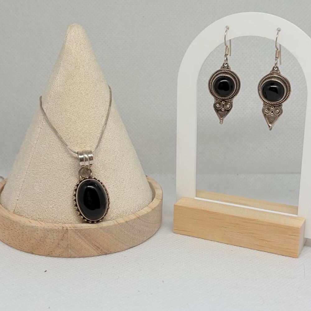 Vintage 90s Sterling Silver Black Onyx Pendant Necklace & Drop Earrings Set